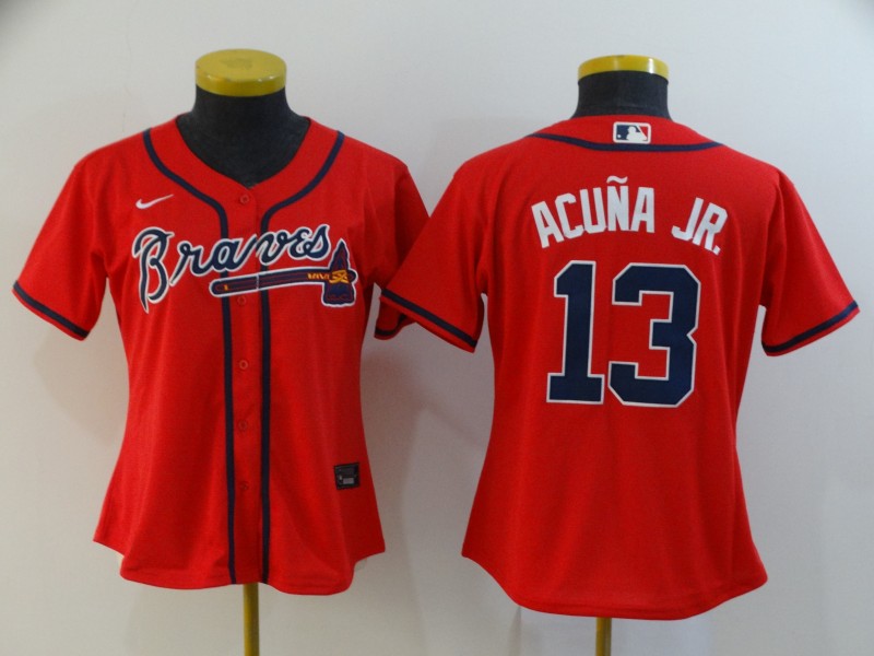 Women's Atlanta Braves #13 Ronald Acuña Jr Red Cool Base Stitched MLB Jersey